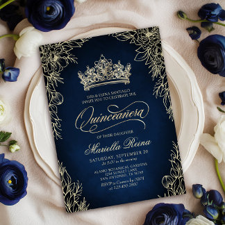 Crown Tiara Navy Gold Quinceañera Einladung