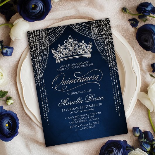 Crown Tiara Navy Silver Quinceañera Einladung