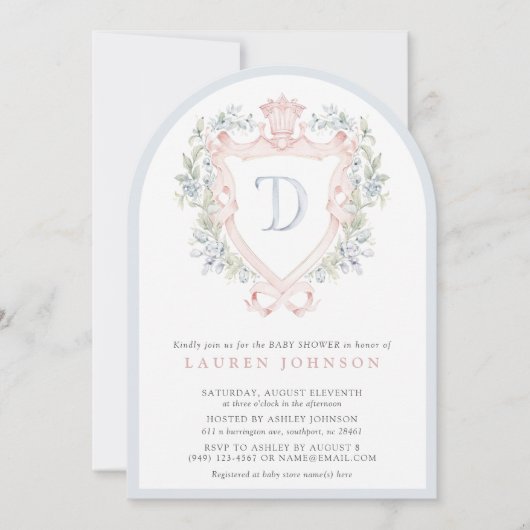 Crown Wappen Monogram Pink Blue Baby Dusche Einladung (Vorderseite)