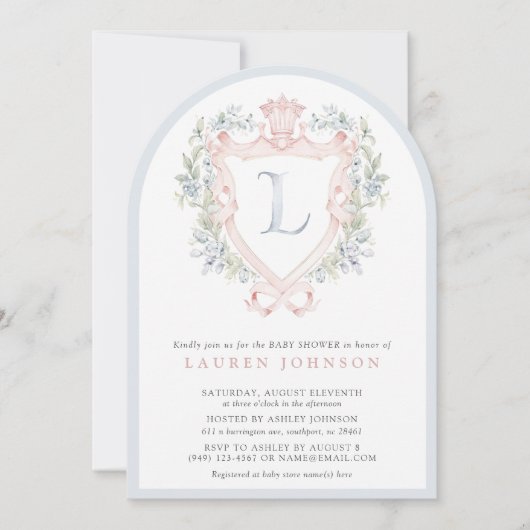 Crown Wappen Monogram Pink Blue Baby Dusche Einladung (Vorderseite)