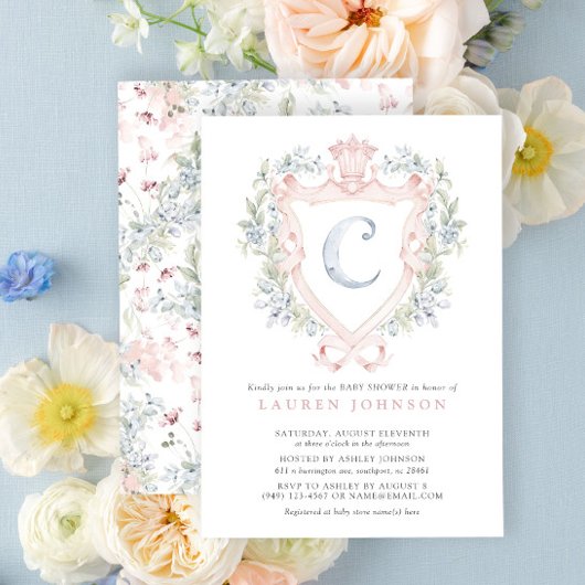 Crown Wappen Monogram Pink Blue Baby Dusche Einladung