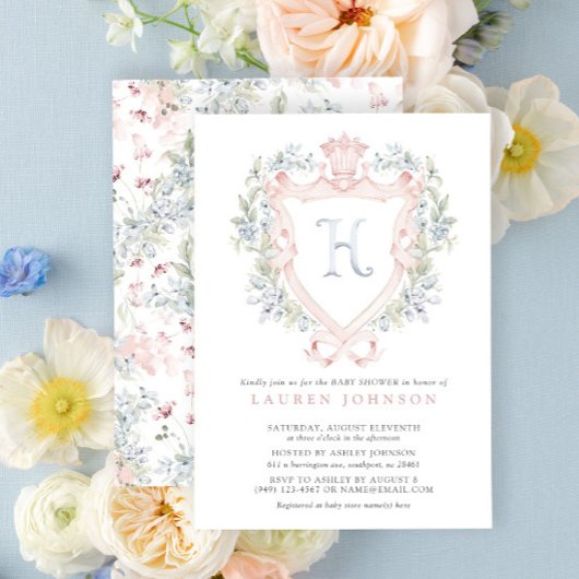Crown Wappen Monogram Pink Blue Baby Dusche Einladung