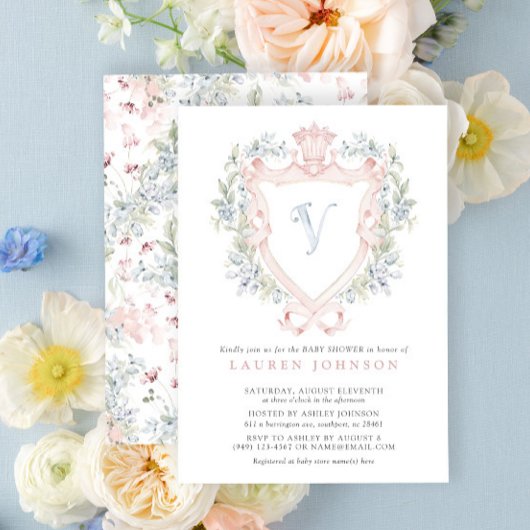 Crown Wappen Monogram Pink Blue Baby Dusche Einladung