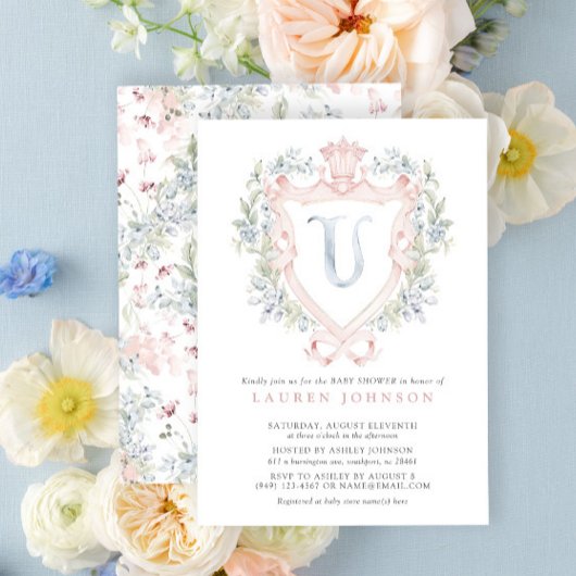Crown Wappen Monogram Pink Blue Baby Dusche Einladung