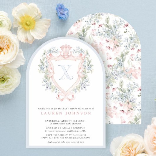 Crown Wappen Monogram Pink Blue Baby Dusche Einladung