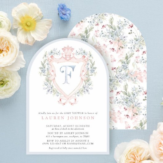 Crown Wappen Monogram Pink Blue Baby Dusche Einladung