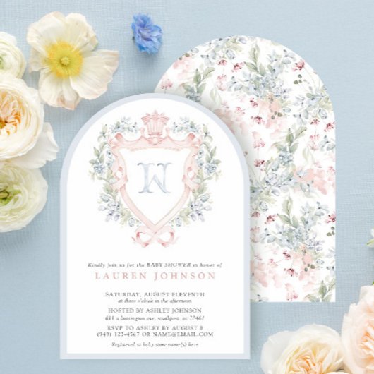 Crown Wappen Monogram Pink Blue Baby Dusche Einladung