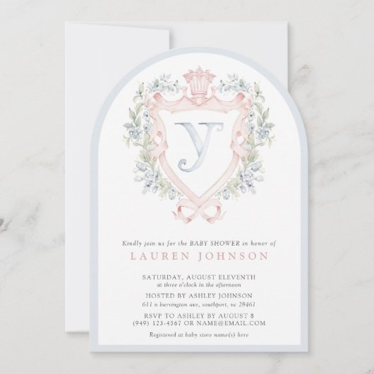 Crown Wappen Monogram Pink Blue Baby Dusche Einladung (Vorderseite)