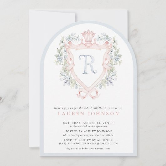 Crown Wappen Monogram Pink Blue Baby Dusche Einladung (Vorderseite)