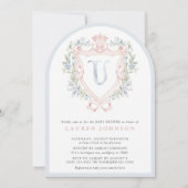 Crown Wappen Monogram Pink Blue Baby Dusche Einladung (Vorderseite)