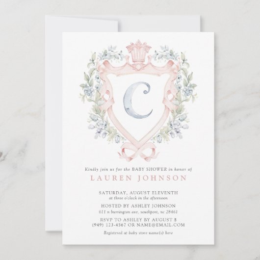 Crown Wappen Monogram Pink Blue Baby Dusche Einladung (Vorderseite)