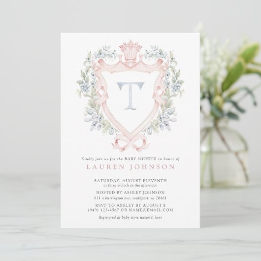 Crown Wappen Monogram Pink Blue Baby Dusche Einladung (Stehend Vorderseite)
