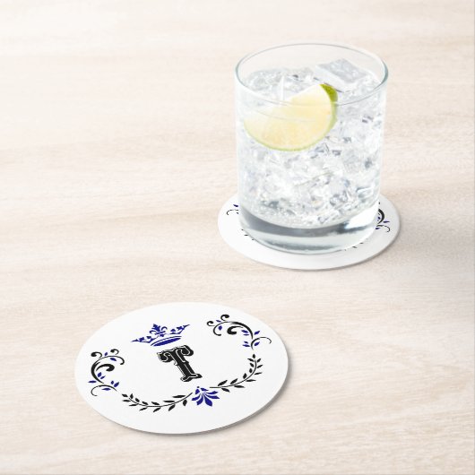 Crown Wreath Monogram 'T' Runder Pappuntersetzer (Vor Ort)