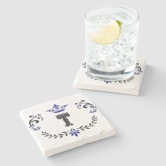 Crown Wreath Monogram 'T' Steinuntersetzer (Seitenansicht)