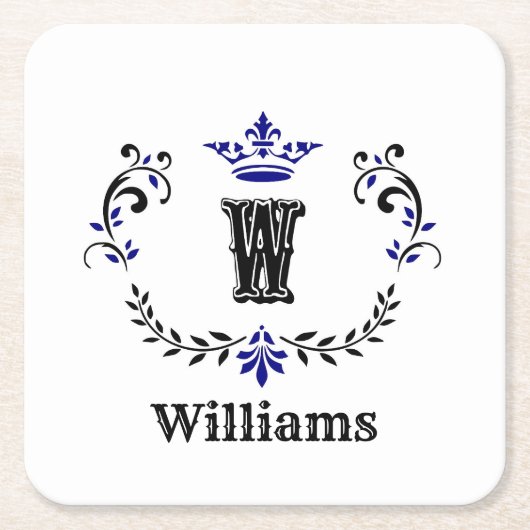 Crown Wreath Monogram "W" Personalisiert Rechteckiger Pappuntersetzer (Vorderseite)