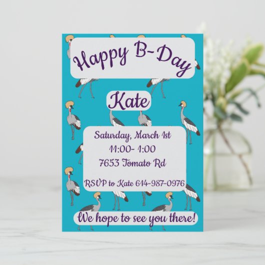 Crowned Cranes Happy Birthday Einladung (Stehend Vorderseite)