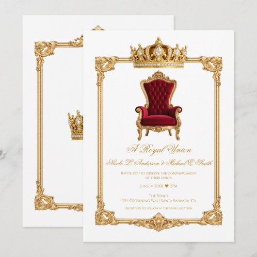 Crowned in Gold Royal Chair & Crown Wedding Einladung (Vorne/Hinten)