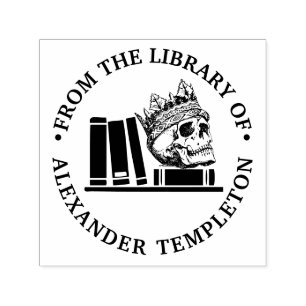 Crowned Skull Books on Shelf Library Name Monogram Permastempel