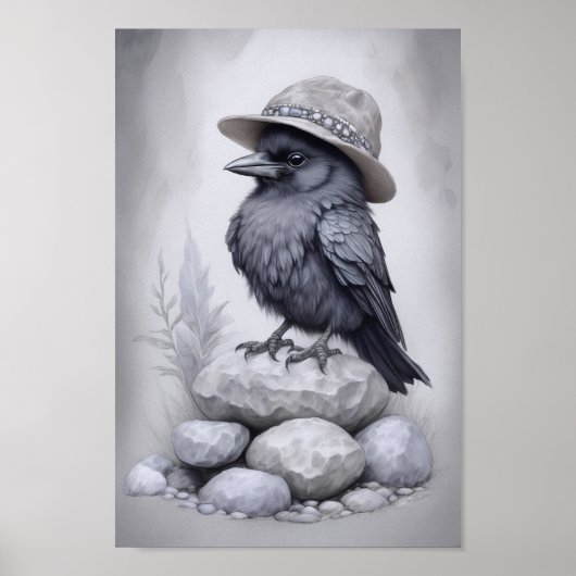 Crows Rock! Poster von Krähe mit Hut auf Steinen (Vorne)