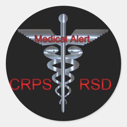 CRPS RSD Medical Alert Silver Asclepius Caduceus Runder Aufkleber (Vorderseite)