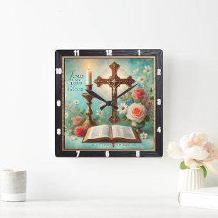 Crucifix Candlelight Bibel Blumenmuster Quadratische Wanduhr