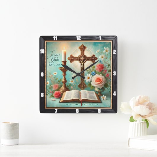 Crucifix Candlelight Bibel Blumenmuster Quadratische Wanduhr (Zuhause)