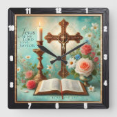 Crucifix Candlelight Bibel Blumenmuster Quadratische Wanduhr (Vorderseite)