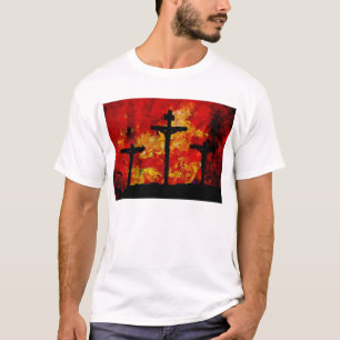 Crucifixierung auf leuchtendem rotem Hintergrund T-Shirt