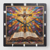 Crucifixion's Radiance: Word Revealed Quadratische Wanduhr (Vorderseite)