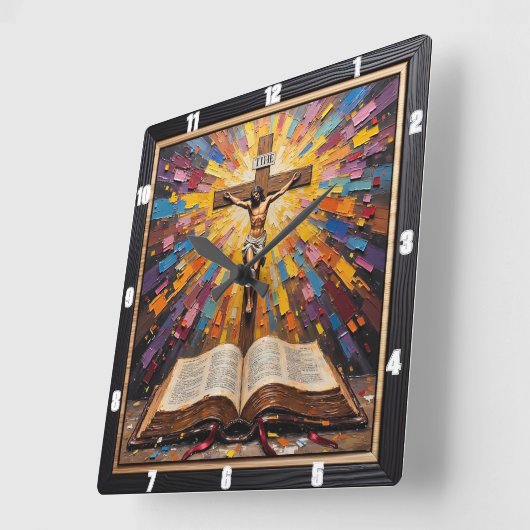 Crucifixion's Radiance: Word Revealed Quadratische Wanduhr (Winkel)