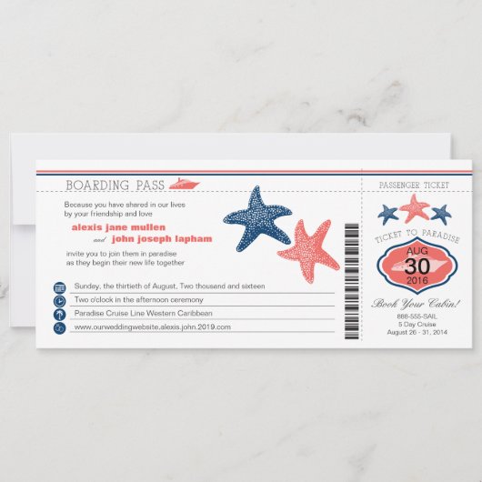Cruise Ship Starfish Boarding Pass Wedding Einladung (Vorderseite)
