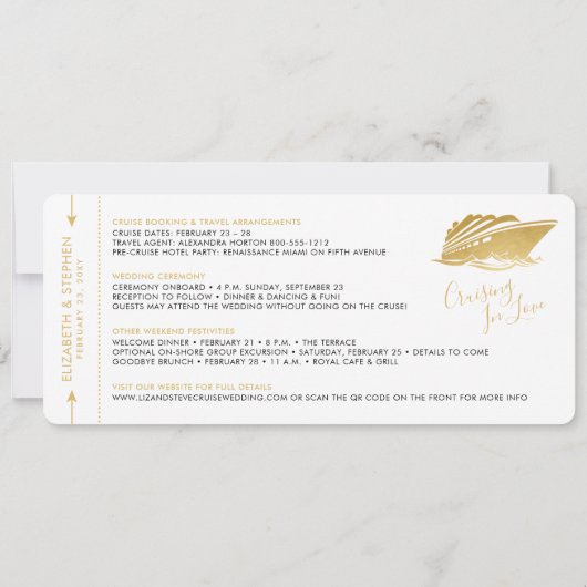 Cruise Wedding Ticket Boarding Pass Gold Save The Date (Rückseite)