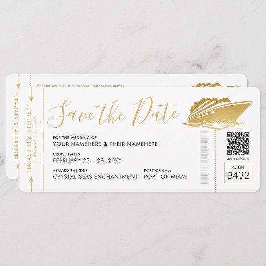 Cruise Wedding Ticket Boarding Pass Gold Save The Date (Vorne/Hinten)