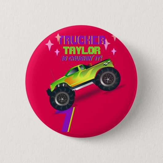 Crushing it MONSTER TRUCK PINK Birthday Age NAME Button (Vorderseite)