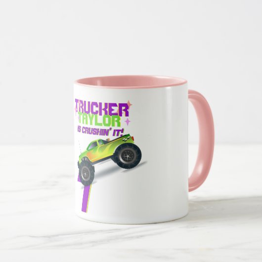 Crushing it MONSTER TRUCK PINK Birthday Age NAME Tasse (VorderseiteRechts)