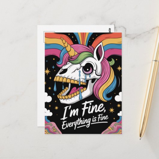 Cry Unicorn Skull Im Fine Alles ist gut Postkarte (Vorderseite/Rückseite Beispiel)