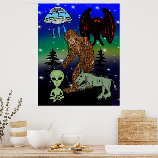 Cryptid Big Foot Alien Mothman UFO Chupacabra Poster (Küche)