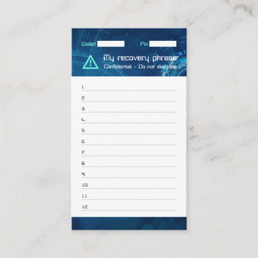 Crypto Wallet Sci-Fi Erholung Samen Phrase 12 Visitenkarte (Vorderseite)