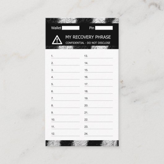Crypto Wallet Zebra Erholung Seed Phrase 24 Visitenkarte (Vorderseite)