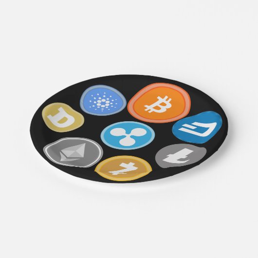 CRYPTOCURRENCY-MÜNZEN PAPPTELLER (Schrägansicht)
