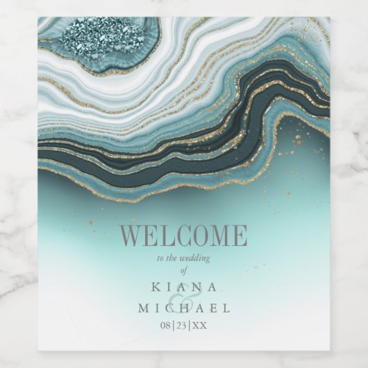 Crystal Agate Wedding Welcome Aquamarin ID825 Weinetikett (Einzelnes Label)