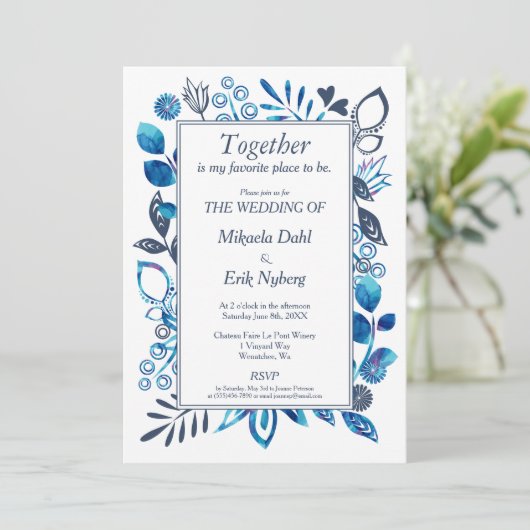 Crystal Blue & Blue-Gray-Blumenmuster Einladung (Stehend Vorderseite)