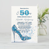 Crystal Blue Stiletto mit Gemstones 50. Geburtstag Einladung (Stehend Vorderseite)