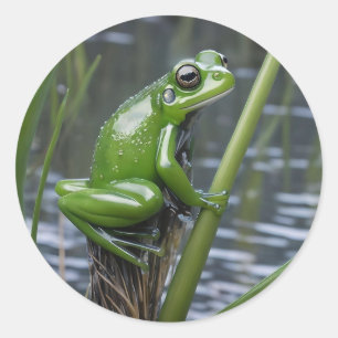 "Crystal Clarity: Green Glass Frog on River Reeds" Runder Aufkleber