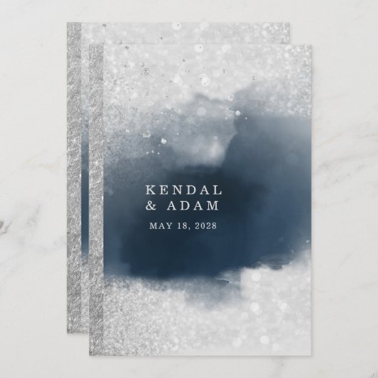 Crystal Clarity Silver Navy Moderne Hochzeit Einladung (Vorne/Hinten)
