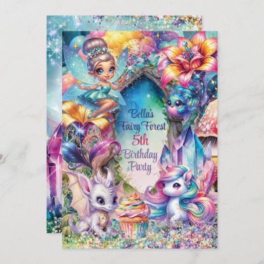 Crystal Fairy Forest Party Einladung (Vorne/Hinten)