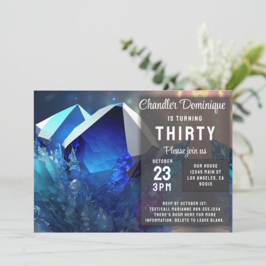 Crystal Gemstone September Virgo Sapphire Geburtst Einladung (Stehend Vorderseite)