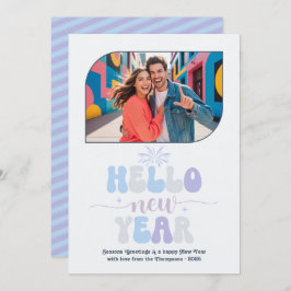 Crystal Glow Hello New Year Blue Retro Photo Feiertagskarte