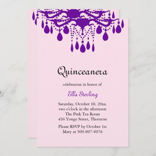 Crystal Grand Ballroom Birthday Einladung lila (Vorne/Hinten)