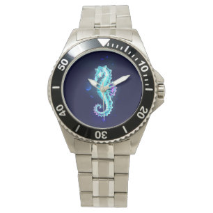 Crystal Ice Seepferd auf blauem Hintergrund Armbanduhr
